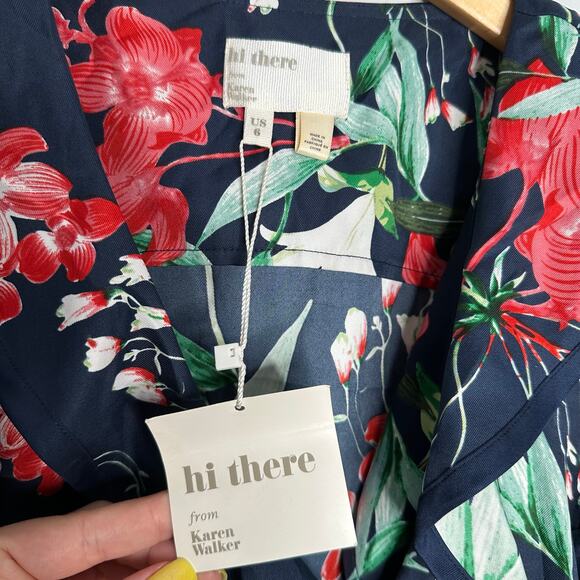 hi there from Karen Walker Women's Navy Floral‎ Faux Wrap Dress Size L NWT - Picture 3 of 9